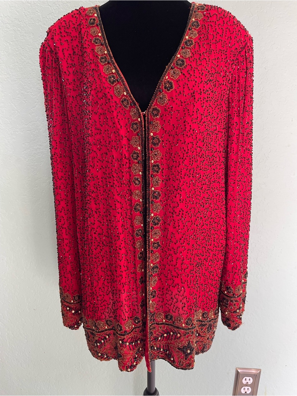 Laurence Kazar Red and Black Beaded Trim Jacket